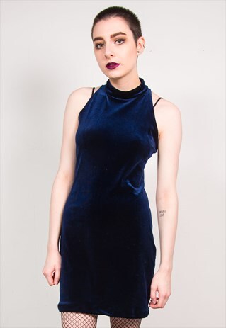 VINTAGE 90'S DARK BLUE VELVET BODYCON HIGHNECK MINI DRESS