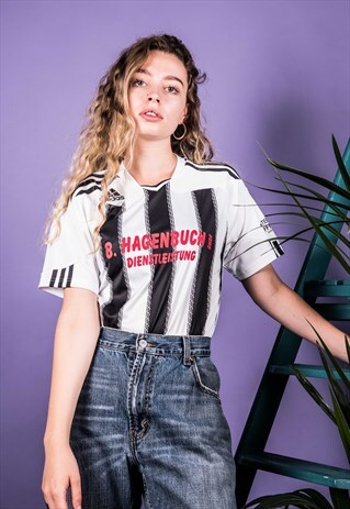 VINTAGE ADIDAS FOOTBALL SHIRT WITH WHITE AND BLACK STRIPES