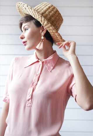 ESCADA VINTAGE PINK SILK CLASSIC SHORT SLEEVE SHIRT BLOUSE