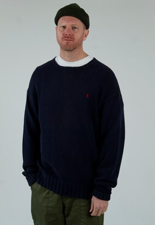 90S POLO RALPH LAUREN NAVY BLUE LOGO KNIT SWEATSHIRT