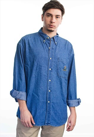 VINTAGE RALPH LAUREN CHAPS LOGO DENIM SHIRT 90S M 17.4