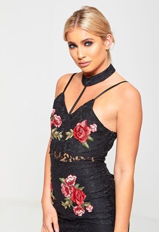 BLACK CHOKER NECK FLORAL EMBROIDERED FISH TAIL DRESS