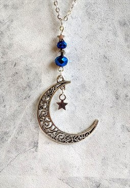 Statement Moon Blue Facet Crystal Star Necklace