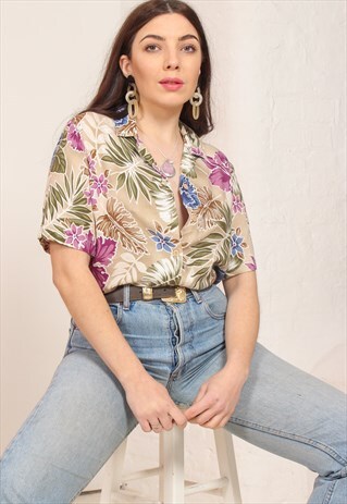 VINTAGE 80S SHORT SLEEVE HAWAIIAN PRINT SHIRT IN STONE