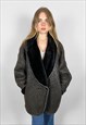 80'S VINTAGE LADIES COAT BLACK SUEDE SHEARLING SHEEPSKIN