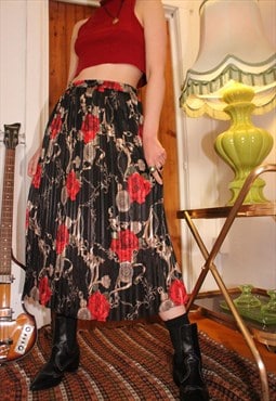 Vintage 90s Floral Rose Pleated Midi Skirt in Red / Black
