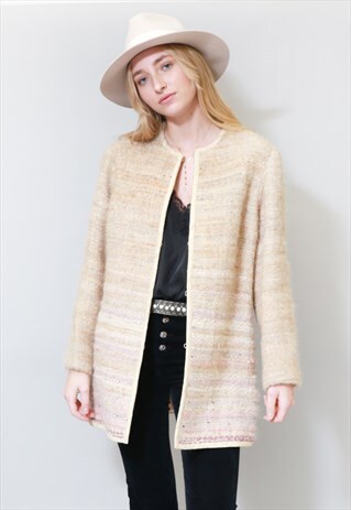 1970S VINTAGE MIXED KNIT BEIGE & PINK WOOL JACKET