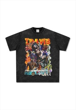 Black Washed Travis Scott Graphic Cotton Fans T shirt tee