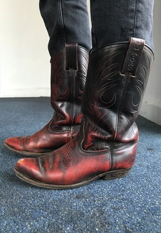 VINTAGE 90' UNIQUE MAROON LEATHER COWBOY SHEEPSKIN BOOTS