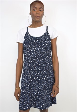 VINTAGE 90S BLACK BLUE FLORAL PRINT DRESS