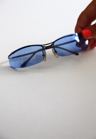 VINTAGE GREY HALF RIMLESS FRAME, BLUE LENSES