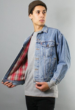 VINTAGE LEVI DENIM JACKET TRUCKER, CHECK LINED, M