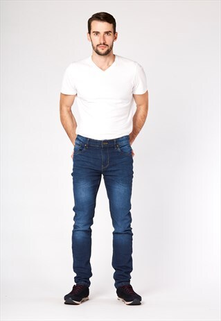 INDIGO SUPER STRETCH SKINNY JEANS WITH BLASTING