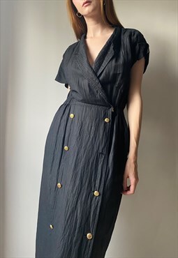 Vintage 80s Black Hemp Midi Dress Size M