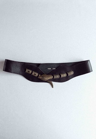 Vintage Y2k Black Leather Gold Reptile Buckle Broad Belt
