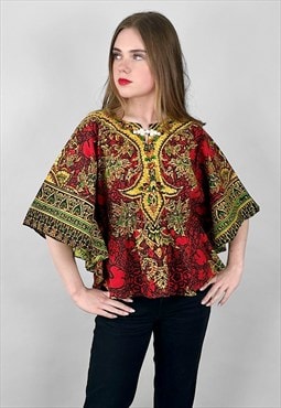 70's Ladies Vintage Blouse Folk Red Kimono Smock Style Top