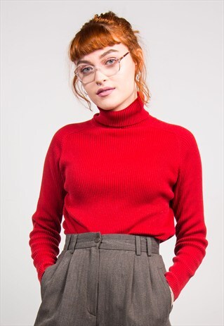 VINTAGE 90'S RIBBED RED ROLL NECK TOP JUMPER