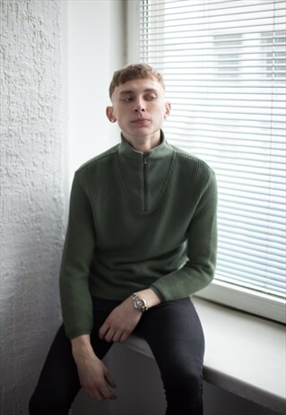 VINTAGE 90'S KHAKI COTTON HIGH COLLAR MINIMALIST JUMPER