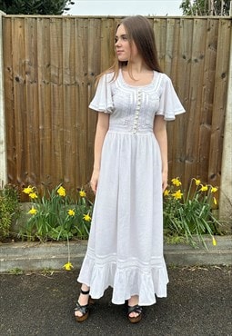 70's White Cotton Vintage Ladies Fluted Sleeve Maxi Dress