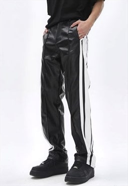 Faux leather track pants striped rubber trousers white black