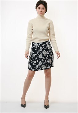 80s Vintage Viscose Floral Print Mini ZIp High Waisted Skirt