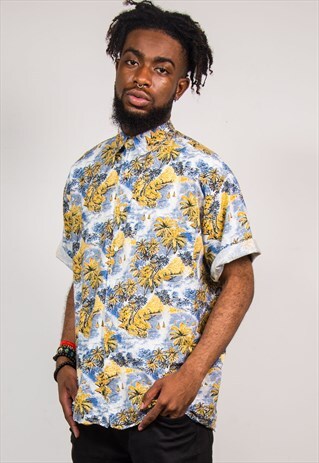 VINTAGE 90'S BLUE ISLAND HAWAIIAN PATTERN SHORT SLEEVE SHIRT