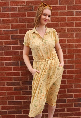 VINTAGE 80'S MIDI DRESS YELLOW GREEN ORANGE FLORAL SHIRT