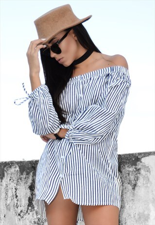 OFF-THE-SHOULDER STRIPED DRESS