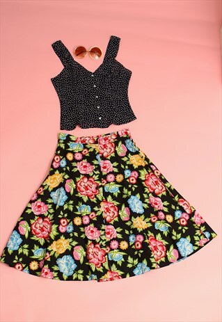 VINTAGE 60S COTTON SKIRT A LINE SHAPE FLORAL PRINT