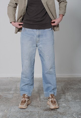 VINTAGE STRAIGHT FIT WIDE LEG MEN WASHED BLUE DENIM JEANS XL