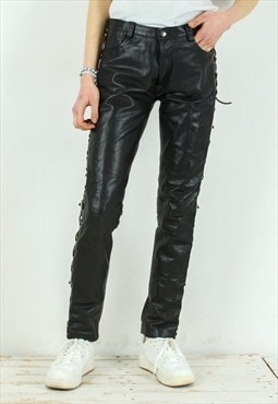 Skinny Black Leather Pants Tapered Lace Trousers Low Waist