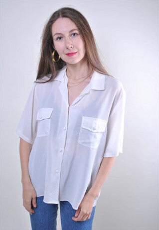 VINTAGE WHITE WOMAN MINIMALIST SHORT SLEEVE BLOUSE, SIZE L