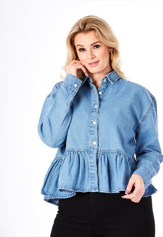 CURVE LIGHT DENIM SHIRT WITH PEPLUM FRILL HEM