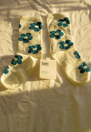 White Bold Floral Print Socks