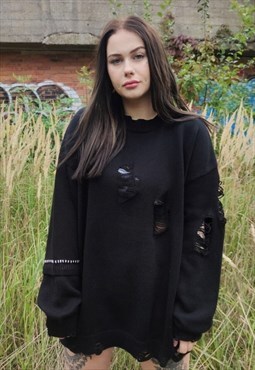 Asymmetric ripped sweater knitted distress jumper in black