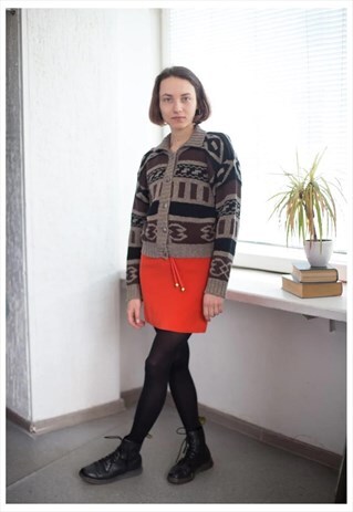 VINTAGE 70'S PATTERNED WOOL CARDIGAN IN BROWN