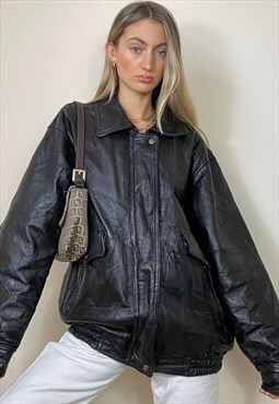 Vintage Y2K 00's Leather Bomber Jacket Black Grunge Oversize