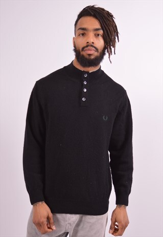 FRED PERRY MENS VINTAGE JUMPER SWEATER LARGE BLACK 90S