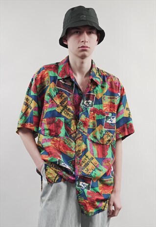 VINTAGE 80'S SHORT-SLEEVE HOTEL PRINT HAWAIIAN SHIRT