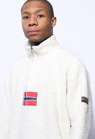 VINTAGE NAPAPIJRI 1/4 ZIP LOGO SHERPA FLEECE WHITE