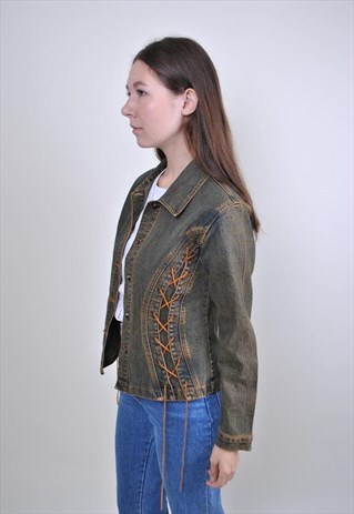 BOHO JEANS JACKET, DENIM LACE BLAZER, HIPPIE OUTFIT, SIZE M