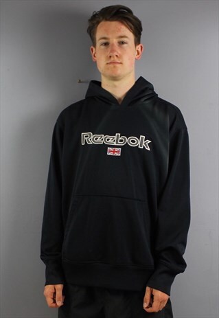 VINTAGE REEBOK HOODIE JUMPER IN NAVY WITH EMBROIDERED SPELL