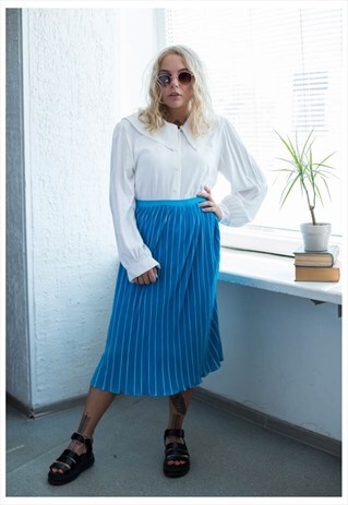 VINTAGE 80'S MIDI BLUE STRIPED PLEATED SKIRT
