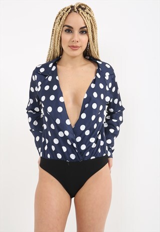 POLKA DOT LONG SLEEVE WRAP FRONT BODYSUIT