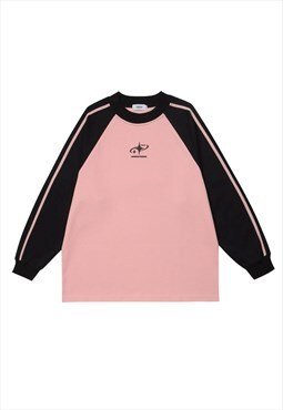 Retro raglan top contrast sleeves t-shirt grunge tee in pink