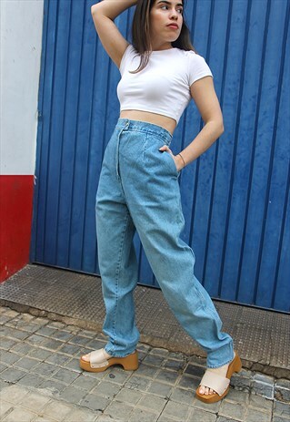 BLUE HIGH RISE MATERNITY MOM JEANS WITH ADJUSTABLE WAIST