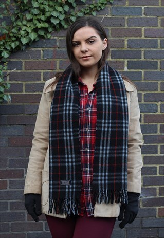 VINTAGE LAMBSWOOL CHECKED SCARF NAVY-AS131