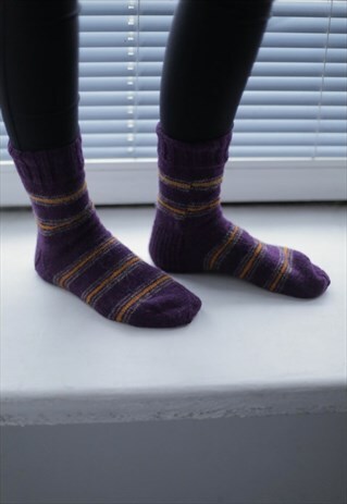 PURPLE STRIPED HANDMADE KNITTED WOOL SOCKS