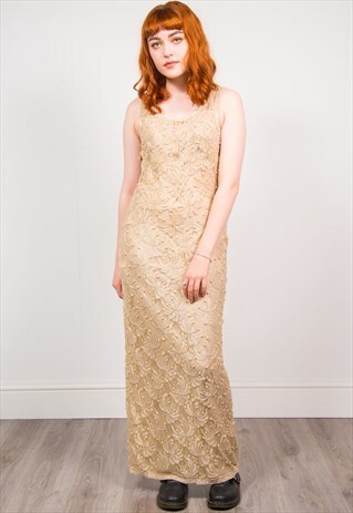 VINTAGE 90'S BEIGE PEARL LACE SLEEVELESS MAXI DRESS