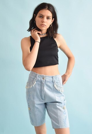 90'S RETRO HIGH WAIST BEADED DENIM SHORTS